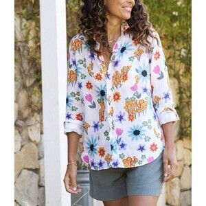 Frank & Eileen Eileen Classic Linen Hot Pink Floral Button Up Shirt Sz Small